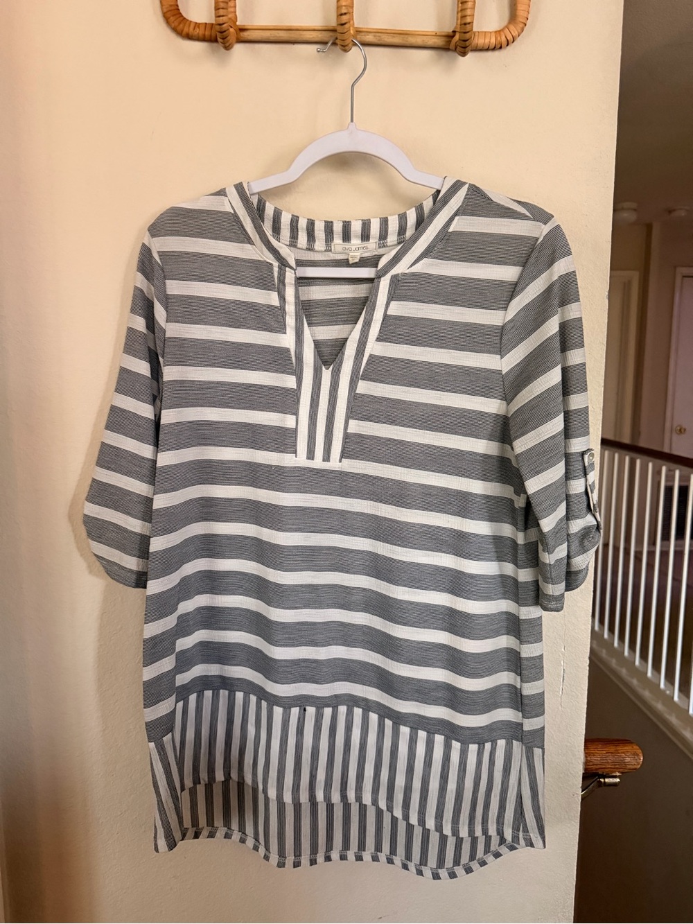 Striped Grey & White Women’s V-Notch Tunic Top